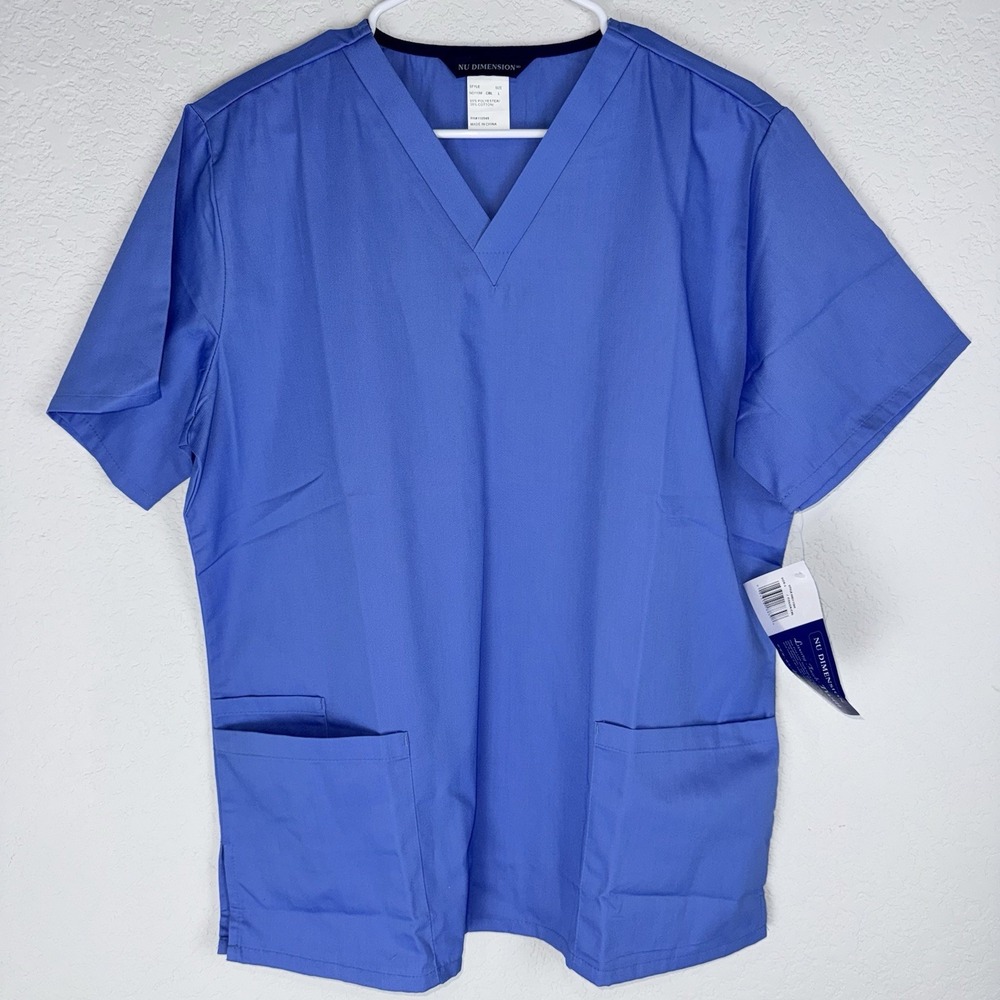 Nu Dimension Unisex Large Ceil Blue Scrub Top V Neck 2 Pocket ND110M NWT